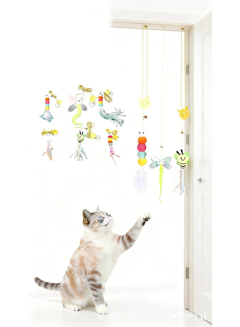 مجموعة 6 ألعاب معلّقة للقطط المنزلية لجميع الأعمار، ألعاب لعب ذاتي تفاعلية مع زنبرك وجرس، تثبيت لاصق على إطار الباب والزجاج والخزائن، ألعاب ريش بدون مجهود للمالك - Image 5